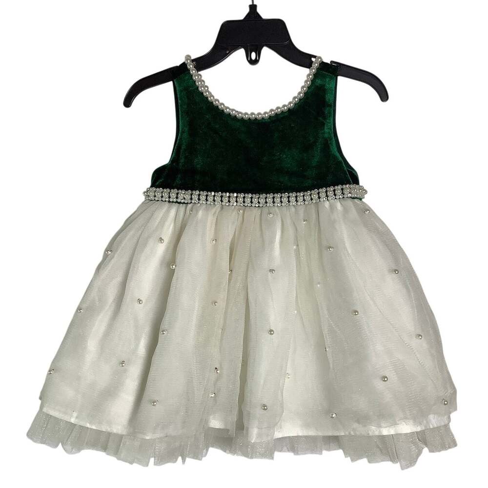 Couture Princess 24M Green Ivory Tulle Velvet Pearl Bow Christmas Dress O4-13